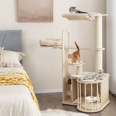 two cats sitting on top of a cat tree in a bedroom next to a bed