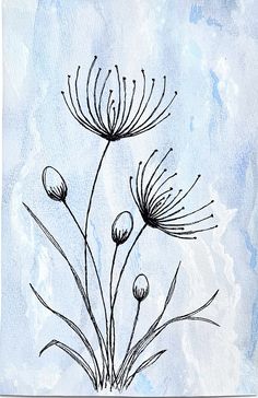 a drawing of some kind of flower on a blue and white watercolored background