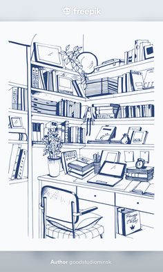 a black and white drawing of a desk with bookshelves in the back ground