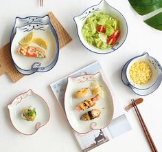 an assortment of food items displayed on white surface