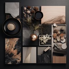 an assortment of different items are arranged on a black surface with white and gold accents