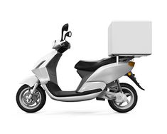 a scooter with a white box on the back and black seat is shown