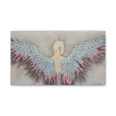 a drawing of an angel with pink and blue wings on it's back side