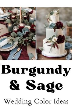 a collage of photos with the words burgundy and sage wedding color ideas on it