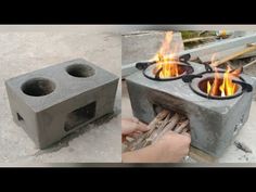 two pictures show how to build a fire pit with concrete blocks and flames in it