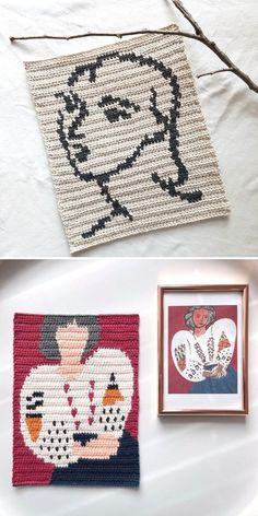 two pictures are shown on the wall and one is made out of crochet