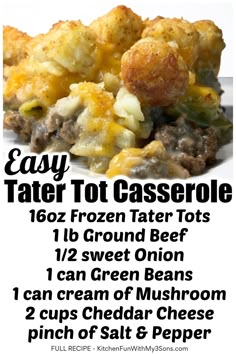 a poster with instructions for how to make tater tot casserole on it