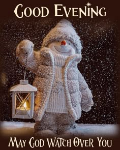 a snowman is holding a lantern in front of a sign that says, good evening may god watch over you