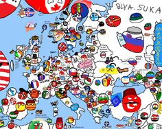 a map with many different cartoon characters on it's sides and around the world