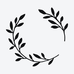 a black and white drawing of a wreath with leaves on it's sides, in the shape of a circle