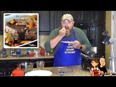 a man in an apron is holding a spoon and looking at the camera while cooking