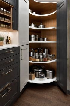 an open pantry with lots of pots and pans