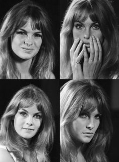 four different pictures of a woman with long hair and bangs, all in black and white