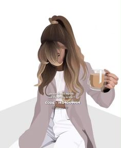 a drawing of a woman holding a cup of coffee with her hair in a bun