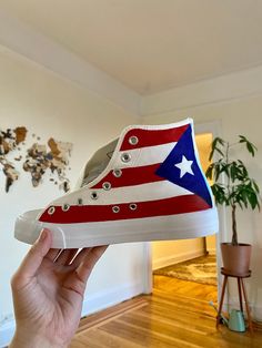 someone is holding up their american flag converse sneakers in front of a wall with a potted plant