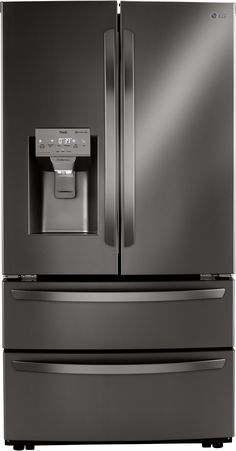 a large black refrigerator freezer sitting in front of a white wall