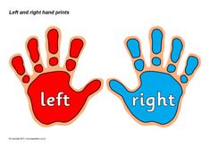 two blue hand prints with the words left and right on them, in front of a white background