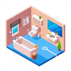 a bathroom with sink, toilet and bathtub in flat 3d style illustration on white background