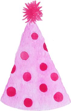 a watercolor drawing of a pink and red party hat with polka dots on it