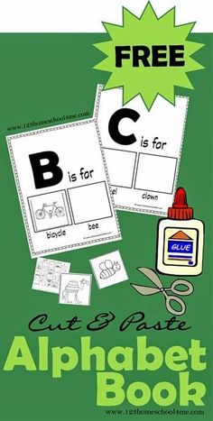 an alphabet book with scissors, glue and paper for the letter b is for abc