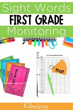 the sight words first grade monitoring book is shown with scissors, pencils and markers