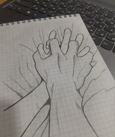 a pencil drawing of a hand reaching out from behind a computer keyboard, with it's reflection in the screen