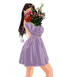 a drawing of a woman in a purple dress with flowers on her head and hands behind her back