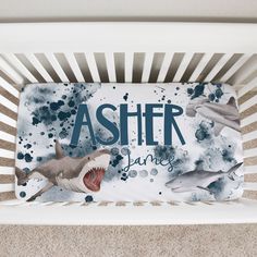 Shark Custom Name Crib Sheet Easy Basic Creations Shark Nursery Theme, Shark Nursery, Blue Watercolor Background, Baby Crib Sheets, Crib Sheets, Nursery Themes, Blue Watercolor, Fabric Softener, Watercolor Background