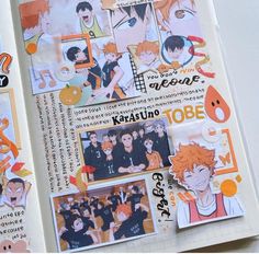 an open book with various stickers and pictures on the pages, including anime characters