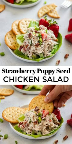 strawberry poppy seed chicken salad on a plate with crackers