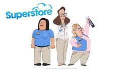 three people standing next to each other in front of the words superstore on a white background