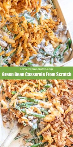 green bean casserole from scratch in a baking dish and on a serving platter