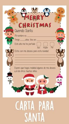 a christmas letter to santa claus and other children with cartoon characters on the front, in spanish