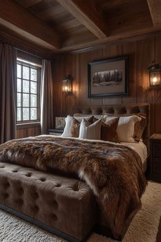 a large bed sitting in a bedroom next to a window covered in brown and white blankets