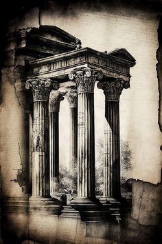 black and white photograph of an old building with pillars in the center, surrounded by torn up paper