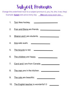 the subject pronouns worksheet is shown in purple and blue colors