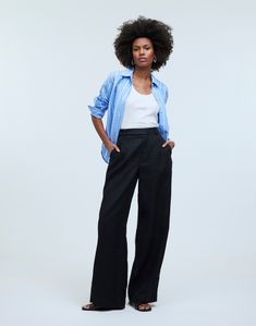 The Harlow Wide-Leg Pant in 100% Linen | Madewell Black Linen Pants Outfit Summer, Linen Pants Outfit Summer Casual, Wide Leg Linen Pants Outfit, Black Wide Leg Pants Outfit, Linen Pants Outfit Summer, Styling Wide Leg Pants, French Inspired Fashion, Bright Pants, Linen Pants Outfit