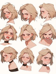 a bunch of different facial expressions on a woman's face, including the head and shoulders