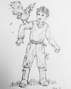 a drawing of a young boy holding a bird