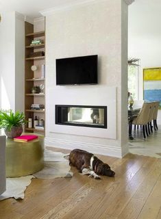 a dog laying on the floor in front of a fireplace with a flat screen tv above it