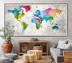 a living room with a large map on the wall