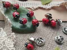 some red and black ladybugs sitting on top of a green piece of cloth