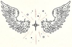 the cross with two wings on it is drawn in black ink and has an arrow