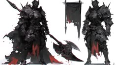 the concept art for an upcoming video game, dark knight armor is shown in three different poses