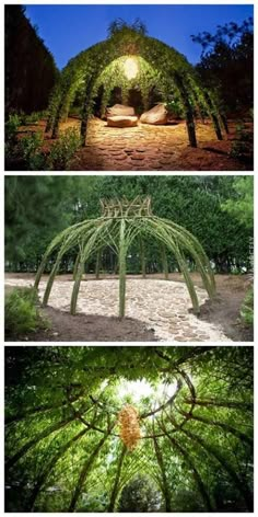 four different views of the inside of a building with trees and plants growing out of it