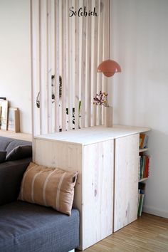 a living room with a couch, bookshelf and lamp on the side wall