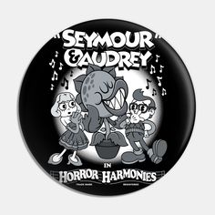 a button with an image of two cartoon characters in front of the words semour ga