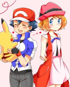 two people standing next to each other with pokemon characters on their backs and one holding a pikachu