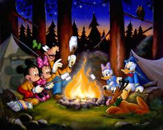 mickey mouse and friends roasting marshmallows in front of a campfire