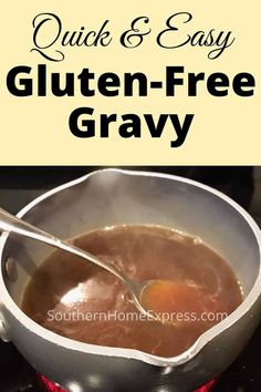 a pan filled with gravy on top of a stove